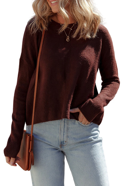 Burgundy Solid Ribbed Knit Drop Shoulder Crew Neck Sweater