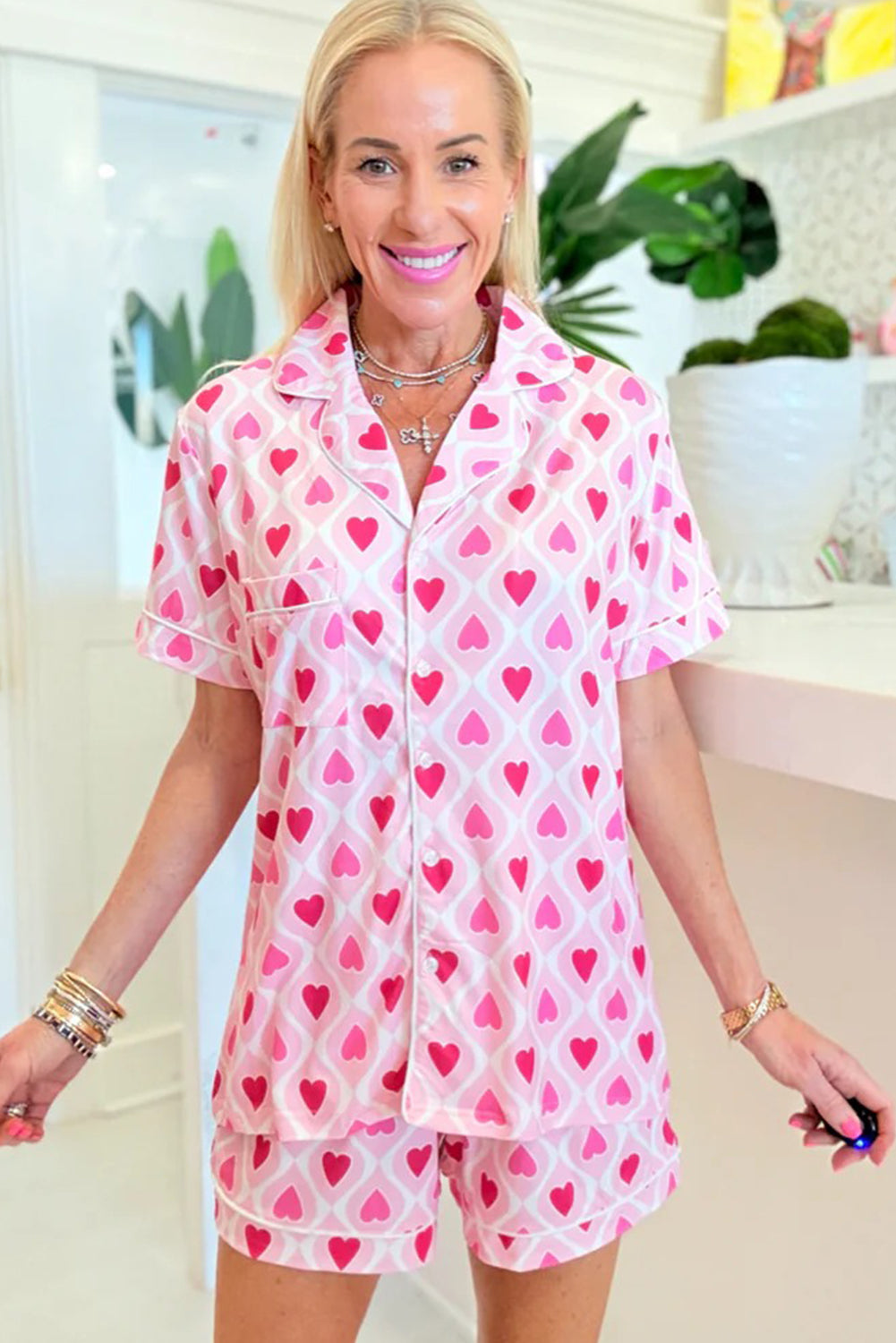Pink Geometric Heart Print Lapel Shirt Short 2pcs Pajama Set