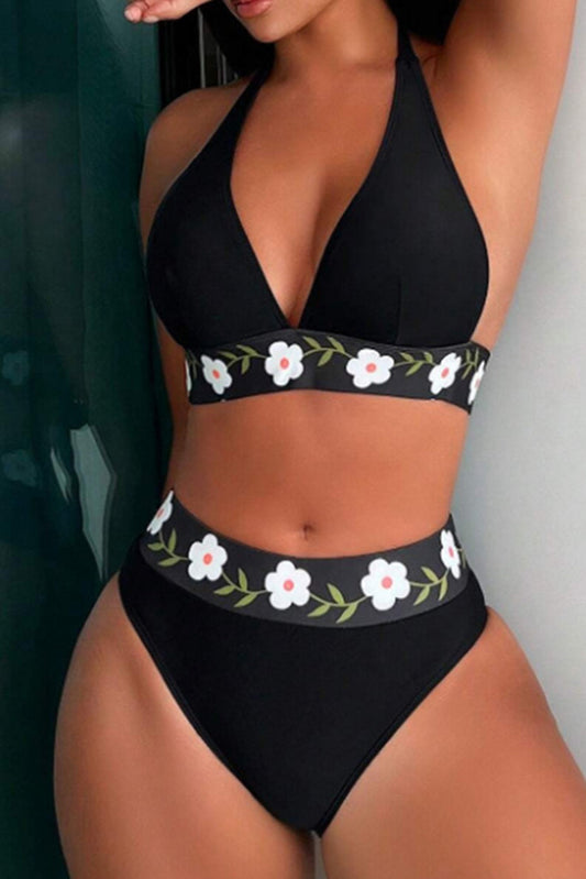 Elegant Black Floral Embroidered Halter Bikini
