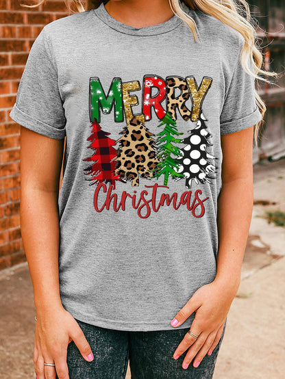 Festive Christmas Tree Patterned Gray Crew Neck Tee