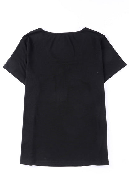 Black Sequin Trim V Neck Chest Pocket Plus Size Tee