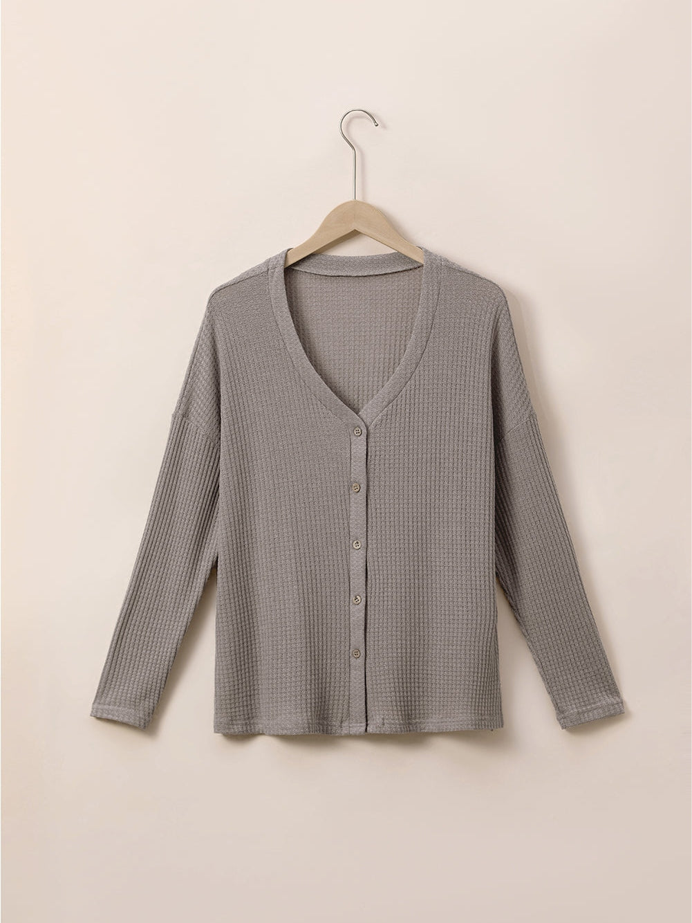 Simply Taupe Waffle Knit Drop Shoulder Button V Neck Plus Size Top