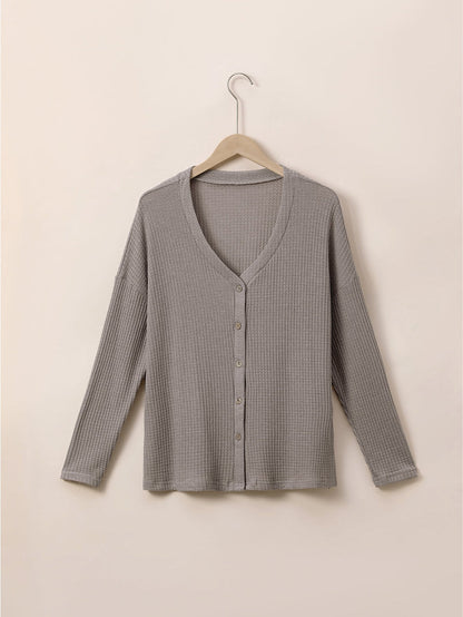 Simply Taupe Waffle Knit Drop Shoulder Button V Neck Plus Size Top