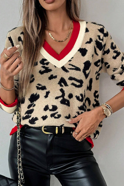 Khaki Leopard Pattern Knit Contrast Striped Trim V Neck Sweater