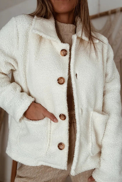 Beige Collar Button Down Cozy Sherpa Jacket