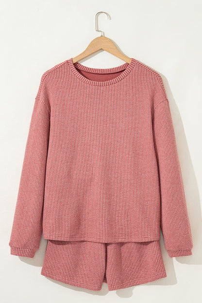 Mineral Red Textured Loose Pullover Top and Casual Short Two-piece Lounge Set