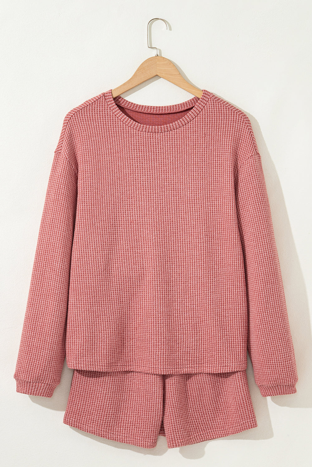 Mineral Red Textured Loose Pullover Top and Casual Short Two-piece Lounge Set