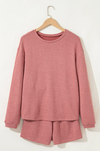 Mineral Red Textured Loose Pullover Top and Casual Short Two-piece Lounge Set