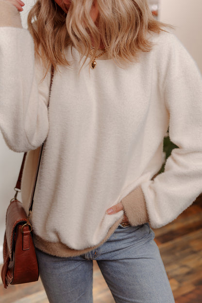 White Plush Soft Contrast Trim Colorblock Round Neck Sweatshirt