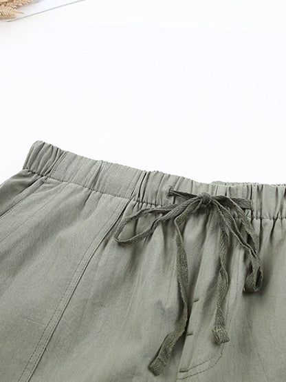 Green Cotton High Waist Loose Fit Shorts with Drawstring Waistband