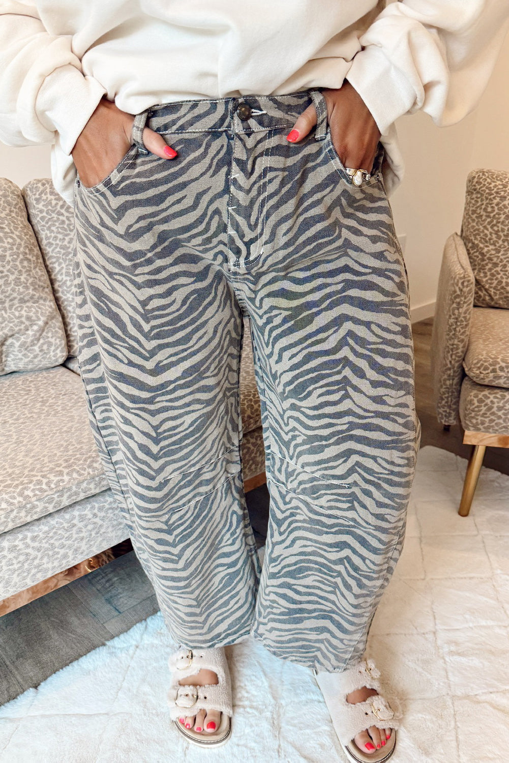 Gray Zebra Stripe Printed Wide Leg Jeans
