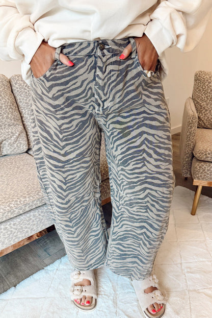 Gray Zebra Stripe Printed Wide Leg Jeans