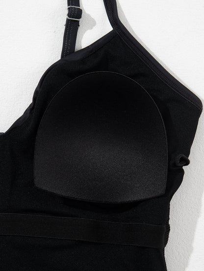 Elegant Black Floral Crisscross Back One-Piece Swimsuit