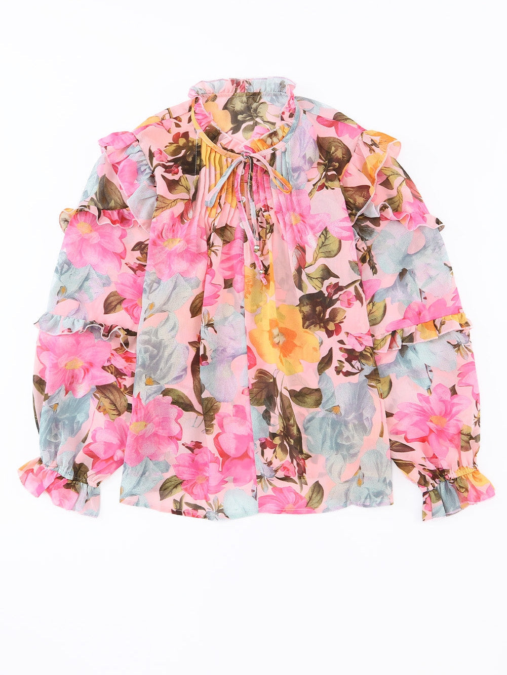 Floral Delight Pink Ruffle Tiered Puff Sleeve Blouse