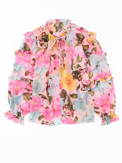 Floral Delight Pink Ruffle Tiered Puff Sleeve Blouse