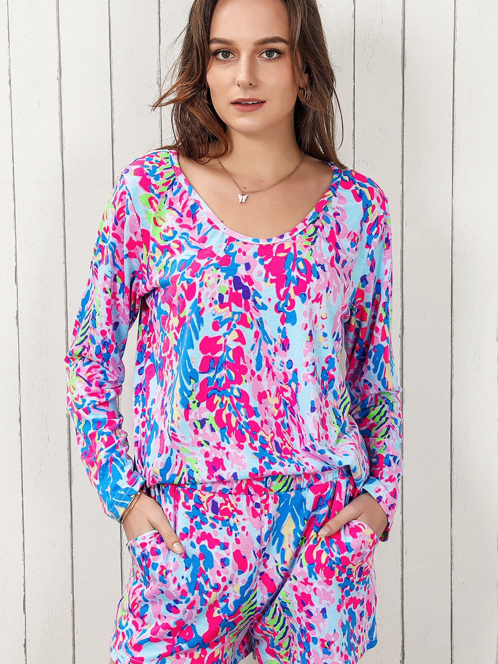 Elegant Purple Floral Lounge Set with Long Sleeve Top and Drawstring Shorts