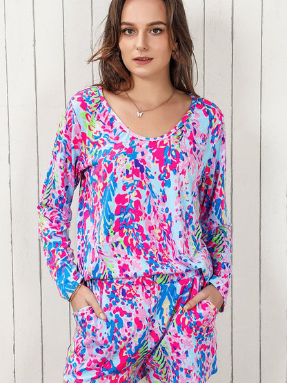 Elegant Purple Floral Lounge Set with Long Sleeve Top and Drawstring Shorts