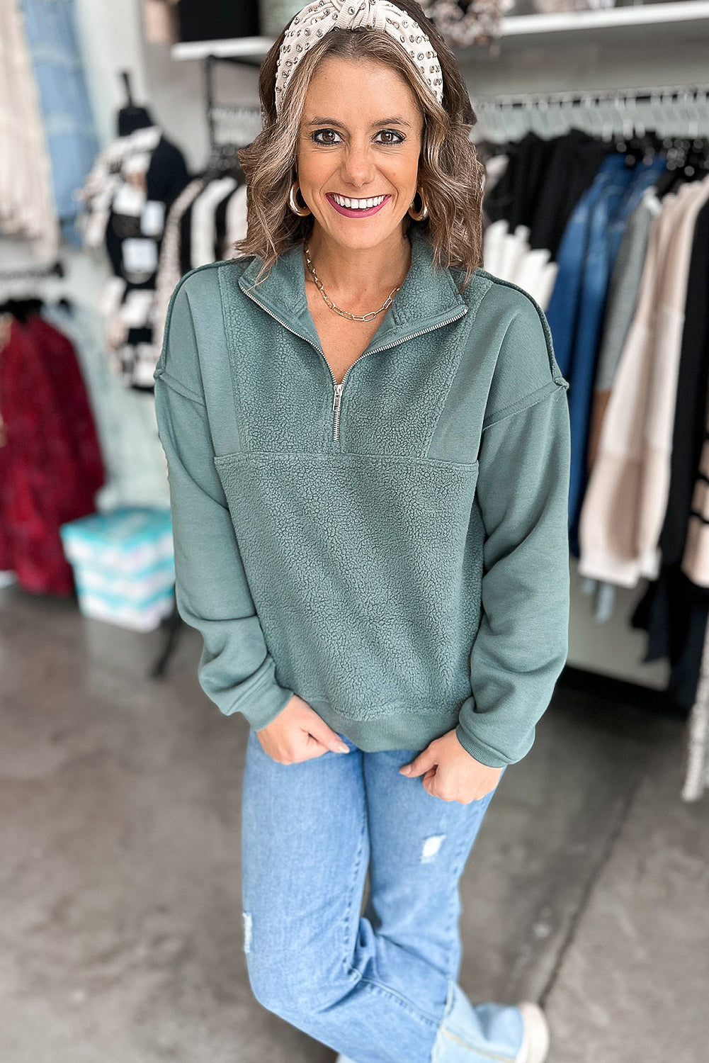 Canton Solid Color Sherpa Patchwork Quarter Zip Pullover Sweatshirt