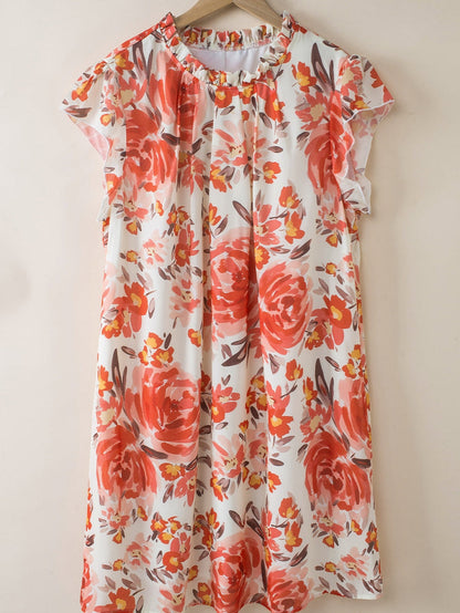 Vibrant Crimson Frilled Neck Ruffle Sleeveless Floral Dress