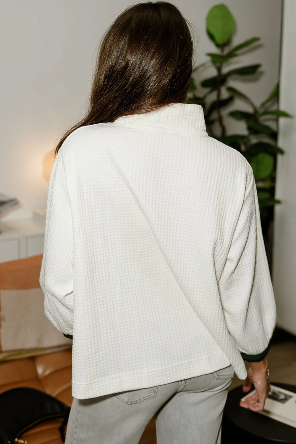 White Waffle Textured Contrast Polo Neck Zip up Jumper