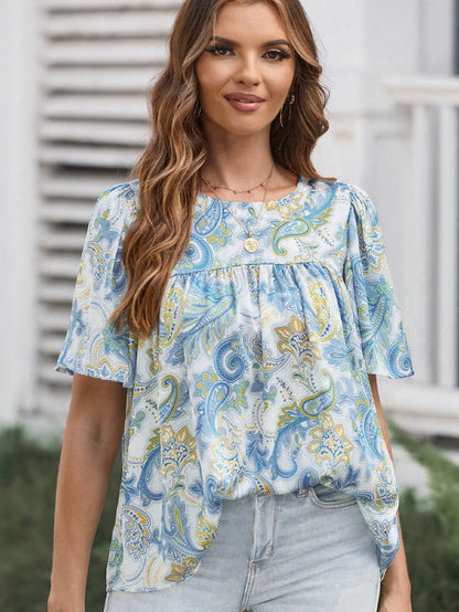 Elegant Sky Blue Paisley Pattern Flowy Blouse with Wide Sleeves
