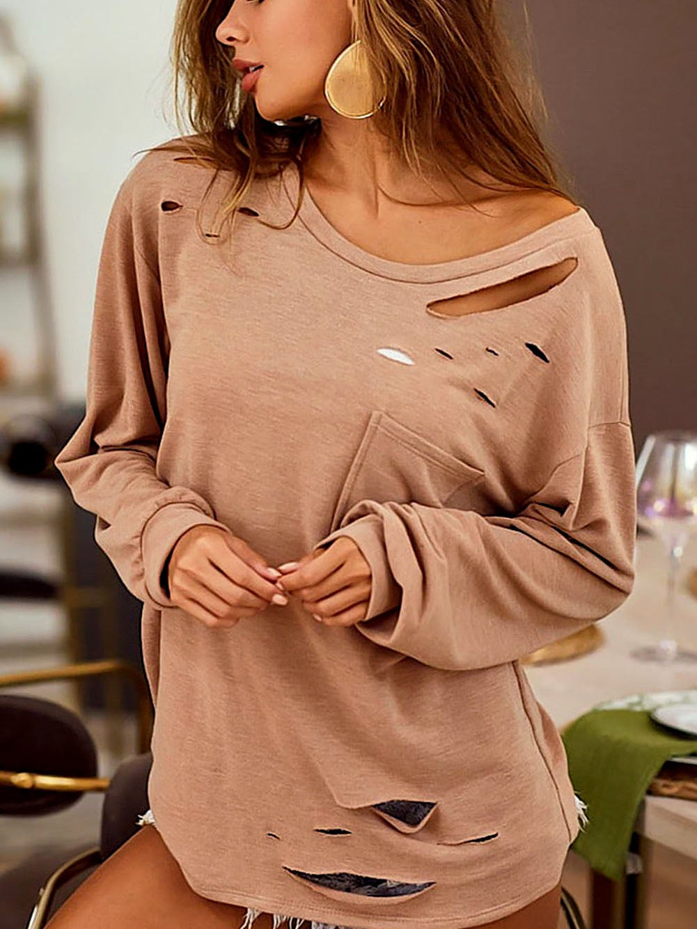 Khaki Knit Distressed Patch Pocket Long Sleeve Top