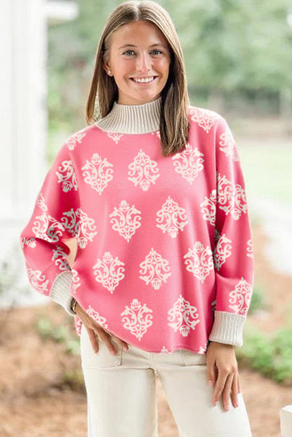 Pink Geometric Print Ribbed High Neck Cuffed Sweater