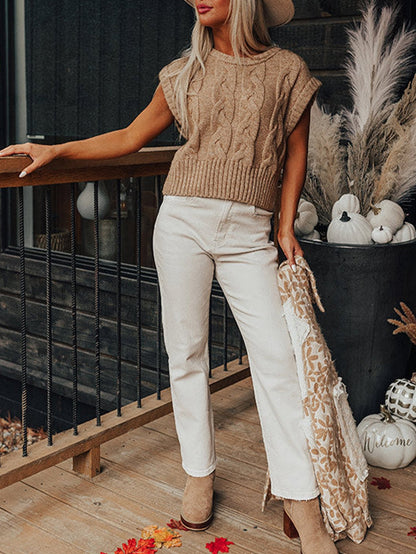 French Beige Cable Knit Sweater with Cap Sleeves