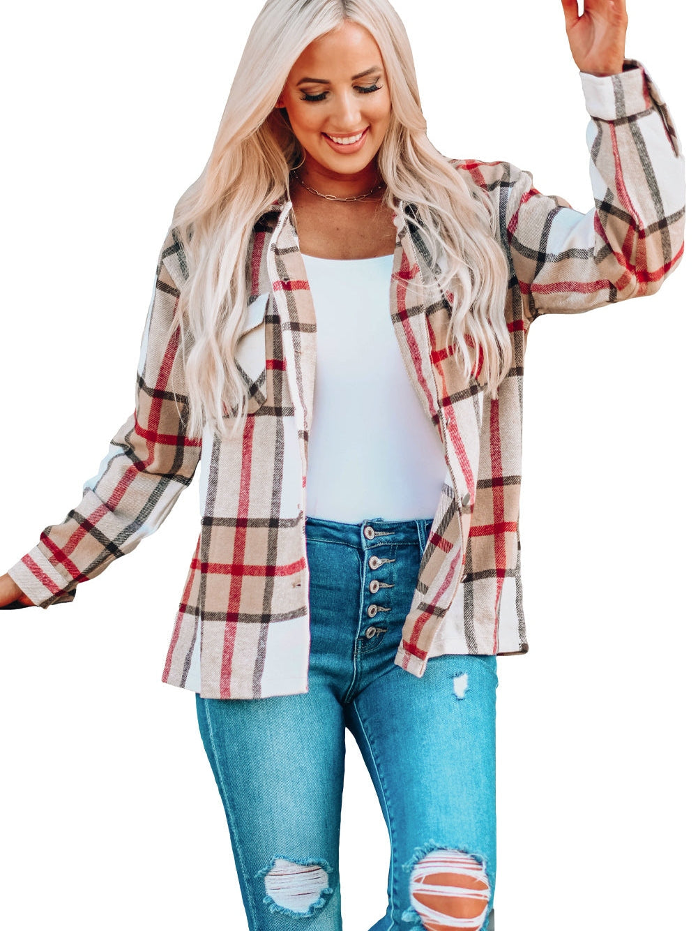 Khaki Plaid Print Sheath Button-Up Coat with Pockets