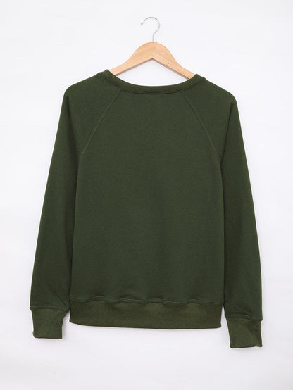 Green Crew Neck Long Sleeve Sweatshirt with Distressed Detail