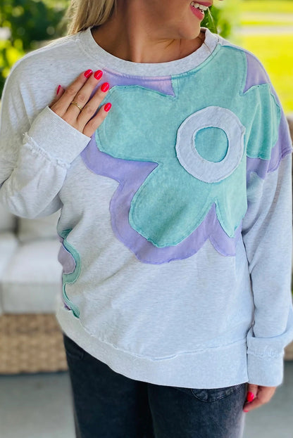 Light Grey Raw Seam Color Block Flower Patched Long Sleeve Top
