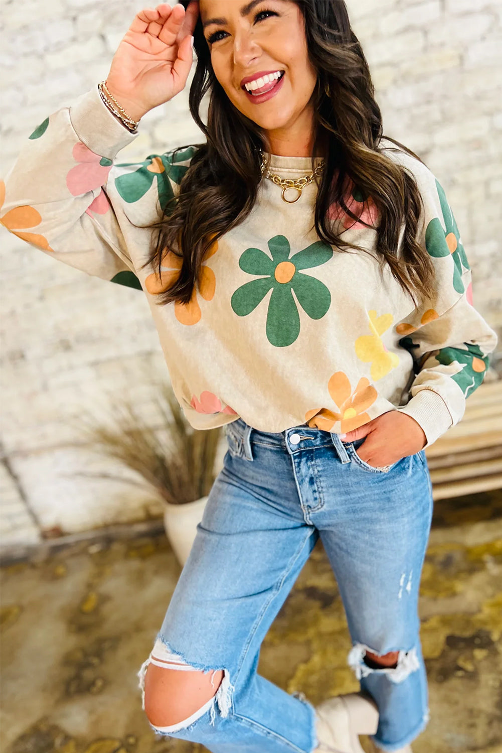 Khaki Big Flower Printed Drop Shoulder Mineral Wash Sweatshirt
