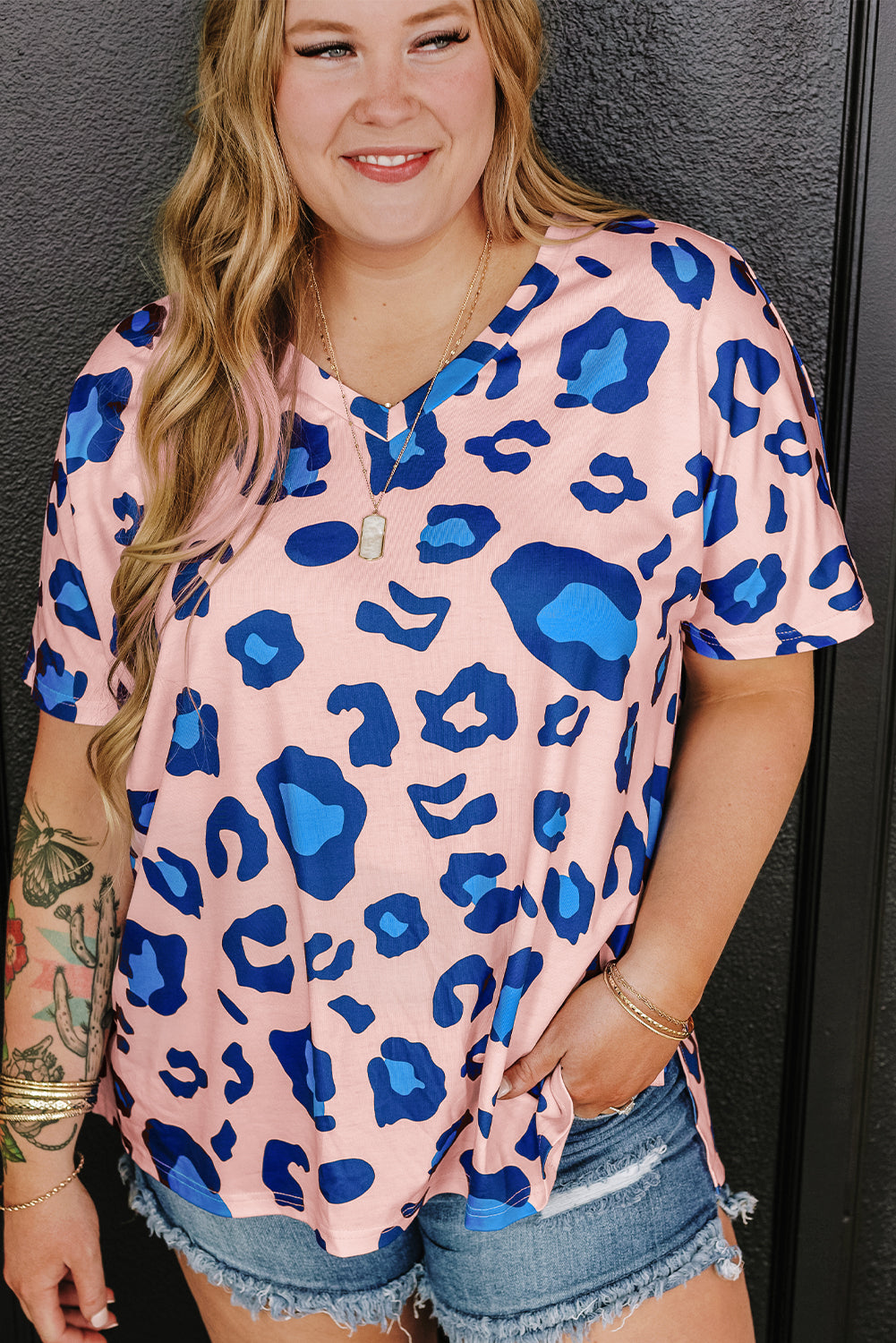 Pink Leopard Print Oversized V Neck Plus Size Tee