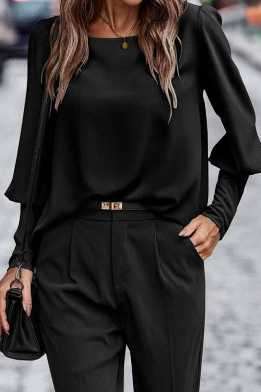 Elegant Black Puff Sleeve Blouse with Back Button Detail