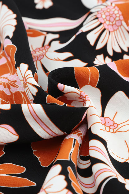 Elegant Brown Floral Babydoll Blouse with Tie Neck