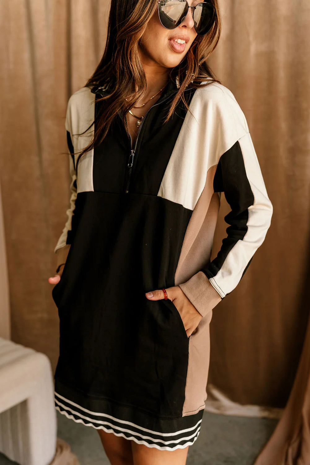 Black Color Block Quarter Zip Long Sleeve T Shirt Mini Dress