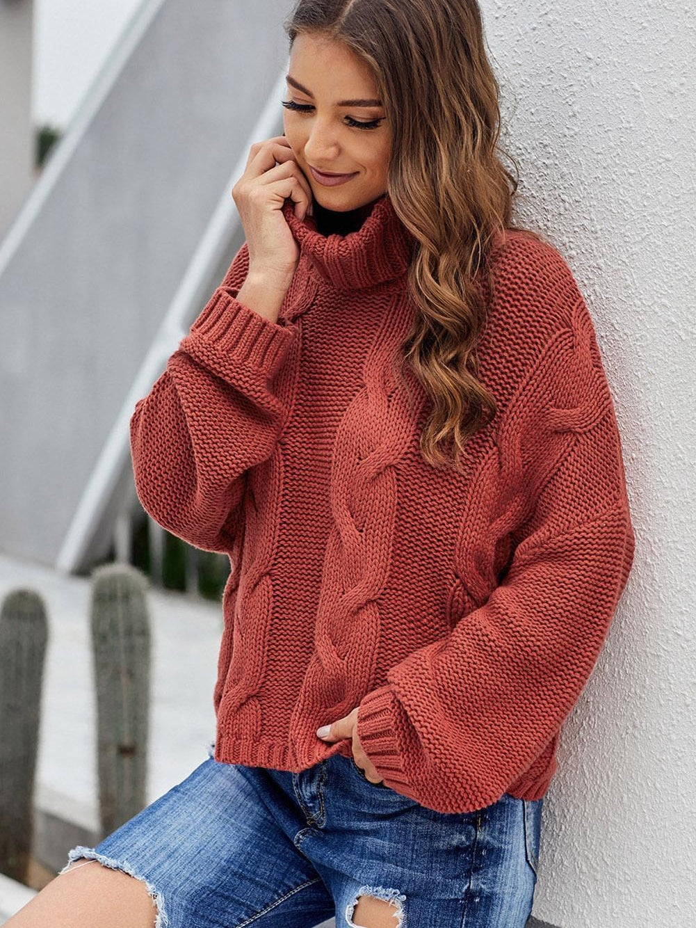 Fiery Red Handmade Cable Knit Turtleneck Sweater for Cozy Winter Days
