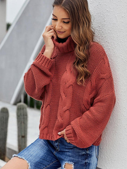 Fiery Red Handmade Cable Knit Turtleneck Sweater for Cozy Winter Days