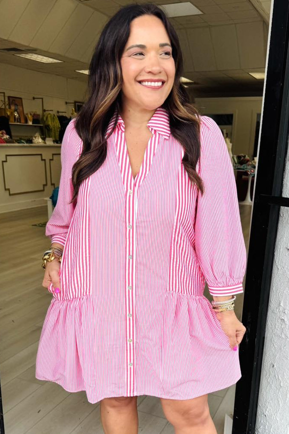 Pink Stripe Long Sleeve Button Front Ruffled Hem Plus Size Mini Shirt Dress