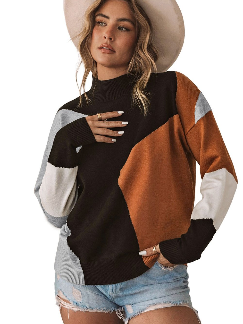 Fall & Winter Chic Orange Color Block Mock Neck Sweater