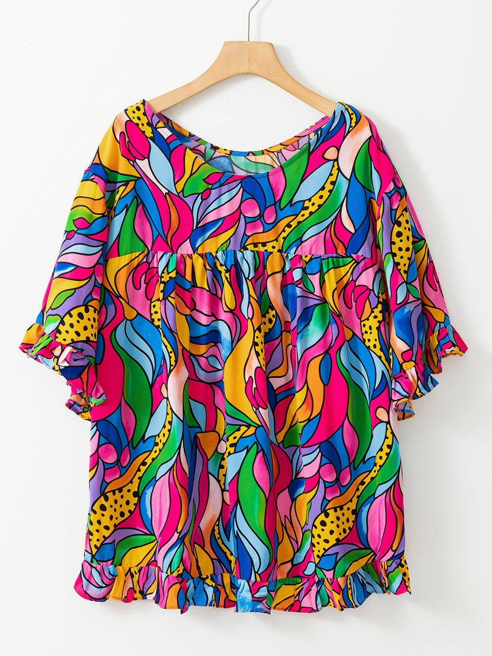 Rose Abstract Print Frilly Trim Blouse for Plus Size Women