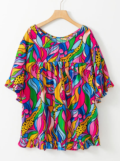 Rose Abstract Print Frilly Trim Blouse for Plus Size Women