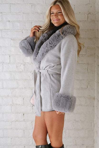 Light Grey Plus Collar Cuff Patchwork Open Front Belted Overcoat