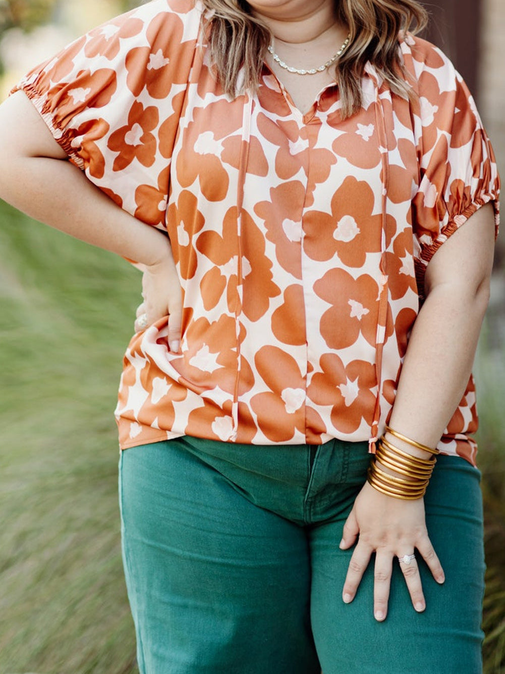 Orange Floral Print Plus Size V Neck Short Sleeve Blouse with Drawstring
