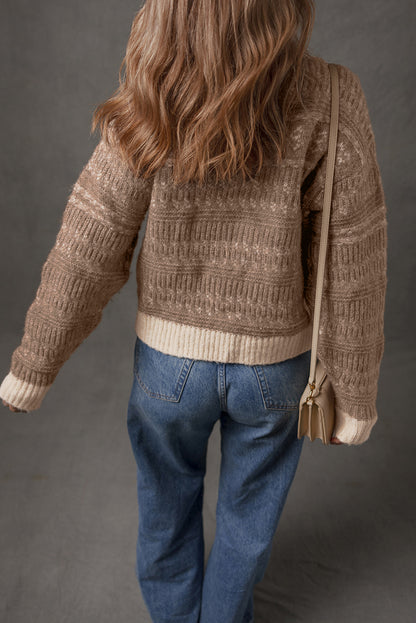 Dark Brown Geometric Knit Color Contrast Drop Sleeve Sweater