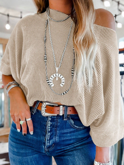 Apricot Boatneck Batwing Sleeve Striped Cording Blouse