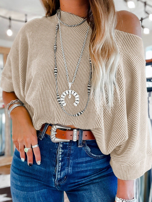 Apricot Boatneck Batwing Sleeve Striped Cording Blouse