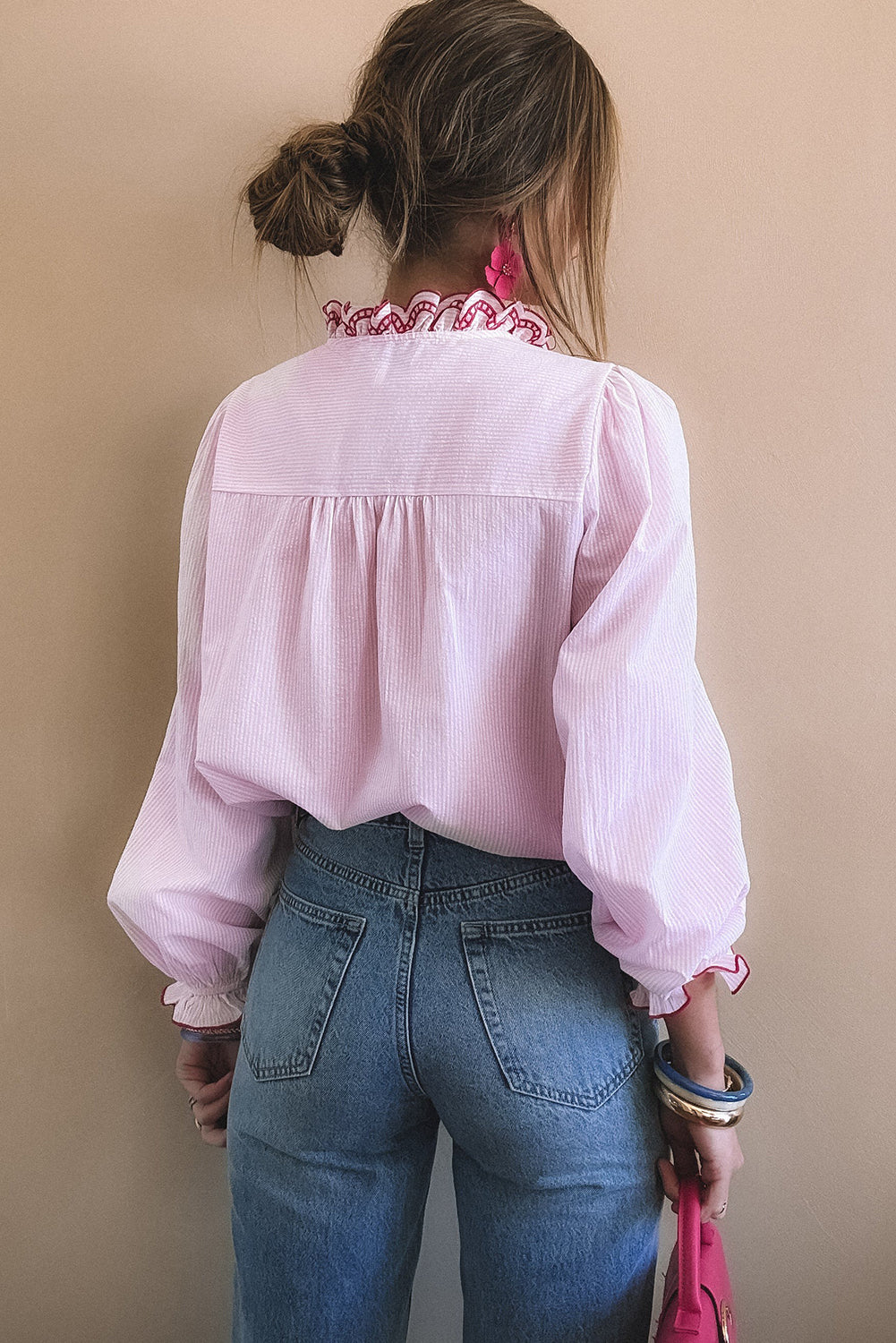 Light Pink Striped Print Embroidered Ruffle Trim Long Puff Sleeve Shirt