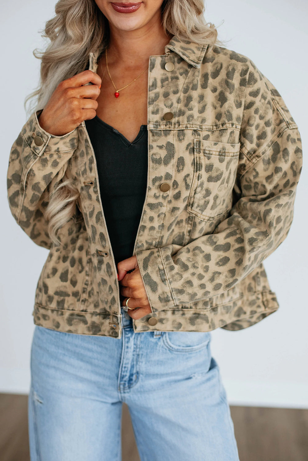 Khaki Retro Leopard Print Seam Detail Button Down Denim Jacket