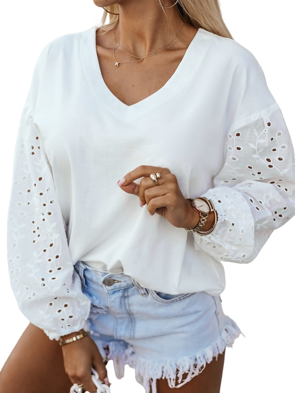Ivory V-neck Embroidered Patchwork Puff Sleeve Top